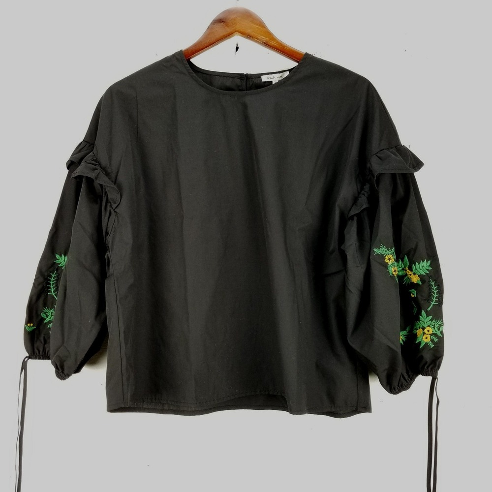 Bleuh Ciel‎ Women's Juniors Top Blouse Size L Black Embroidered Peasant Boho New